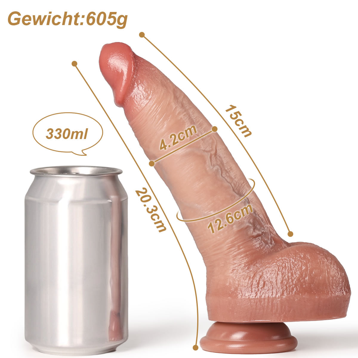 Detaillierte Maße des realistischen Stoßdildos